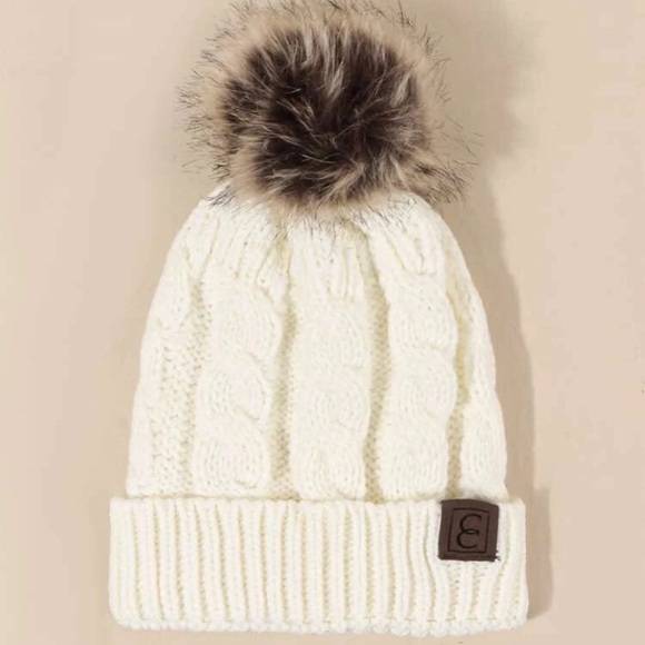 Cream White Knit Beanie with Pom Pom - Picture 2 of 2